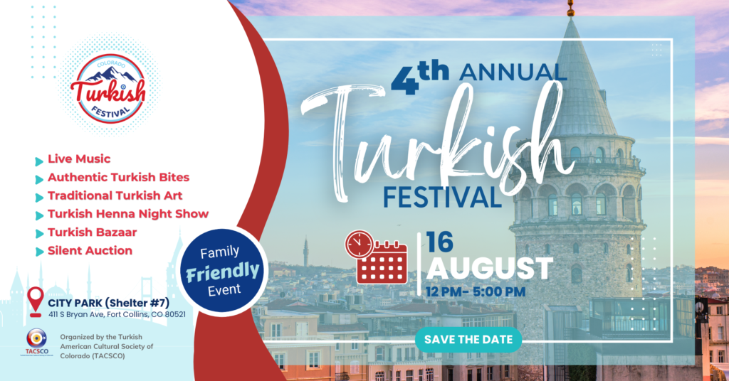 The Annual Turkish Festival in Fort Collins is a joyful celebration of Turkish culture, heritage, and community. The event welcomes guests of all ages to experience the vibrant traditions of Türkiye through live music, Whirling Dervish performances, authentic cuisine, traditional arts like Ebru and calligraphy, and a festive bazaar. With its family-friendly atmosphere and focus on cultural exchange, the festival offers a rich and memorable experience that brings people together in the spirit of connection and discovery.